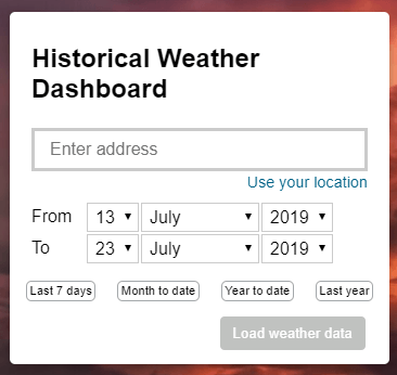Choose the location and dates for the historical weather