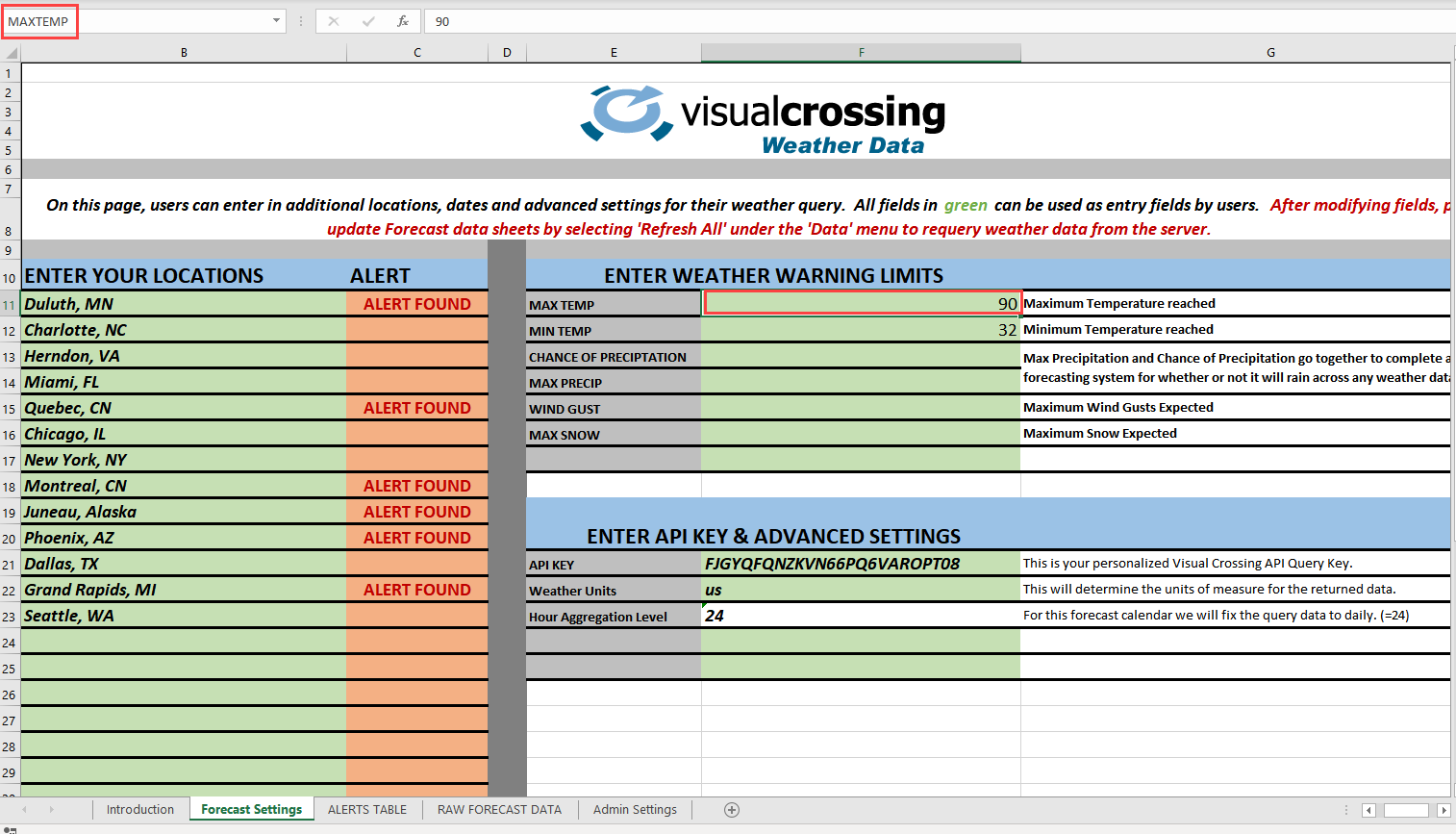 User settable cell values for weather alerts