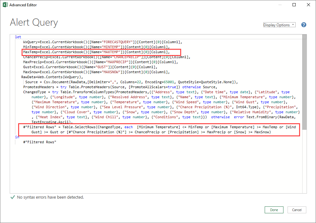 Reading and applying user weather values in PowerQuery code