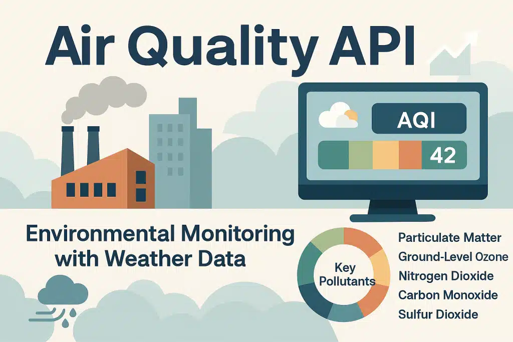 Futuristic smart eco city visual with transparent AI forecasting overlays combining air quality and weather data to represent predictive environmental analytics.