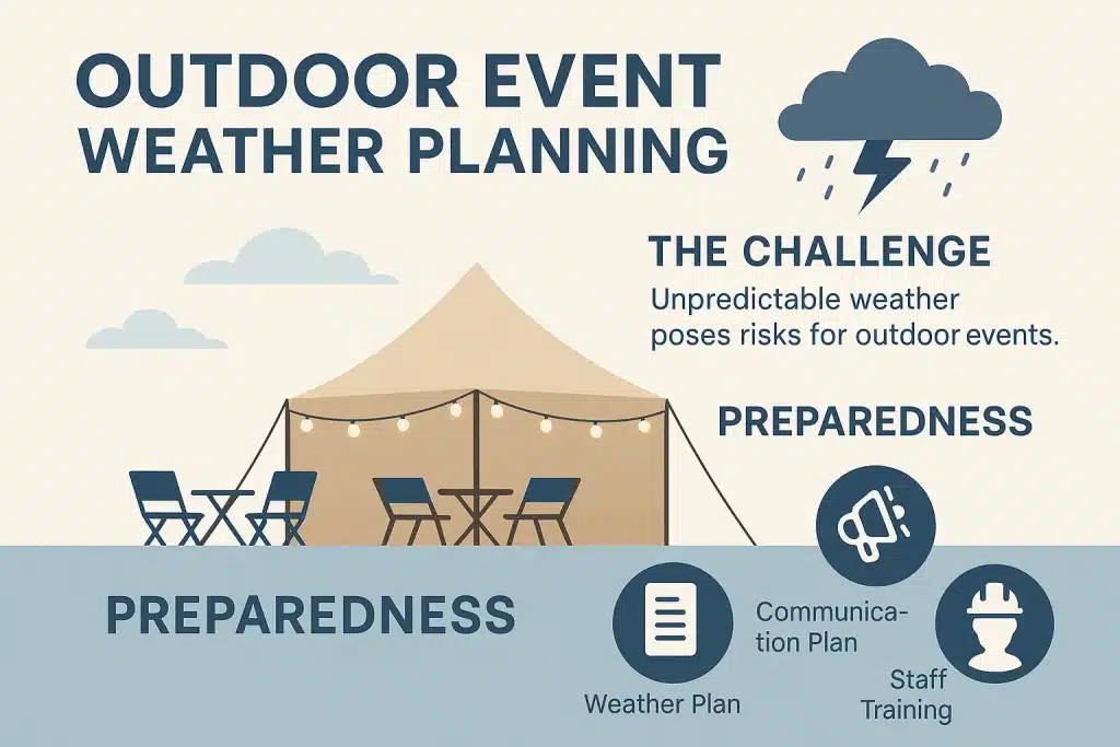 Flat-style outdoor event weather preparedness infographic showing a tent setup, storm icon, and planning icons for weather plan, communication plan, and staff training to illustrate event weather safety preparation.