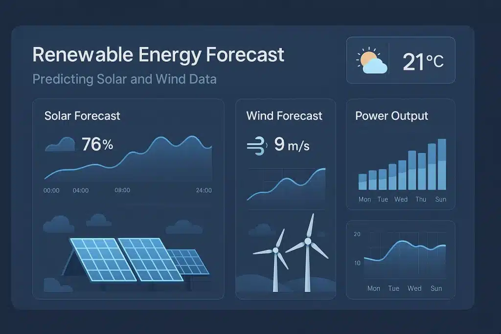 Renewable energy forecast dashboard showing solar power output, wind speed, power generation trends, and weather conditions to demonstrate how solar and wind forecasting supports smart grid management.