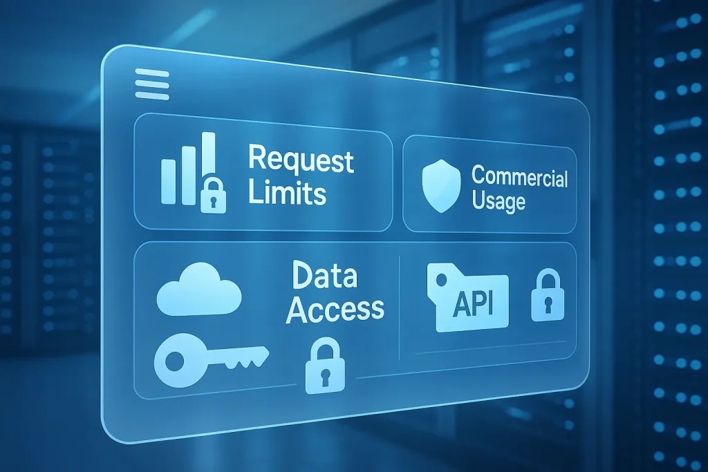 A modern weather API dashboard illustration showing forecast data, charts, and usage metrics to represent commercial licensing and data access rights for weather APIs.