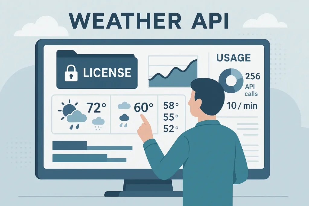 Flat-style dashboard illustration showing a person reviewing weather API licensing data, usage limits, and forecast icons on a screen, representing commercial API access and compliance management.