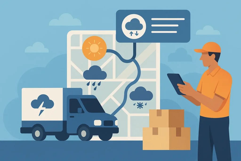 Illustration of a delivery truck and courier using a logistics system with weather icons and route mapping, showing how weather APIs support route optimization.