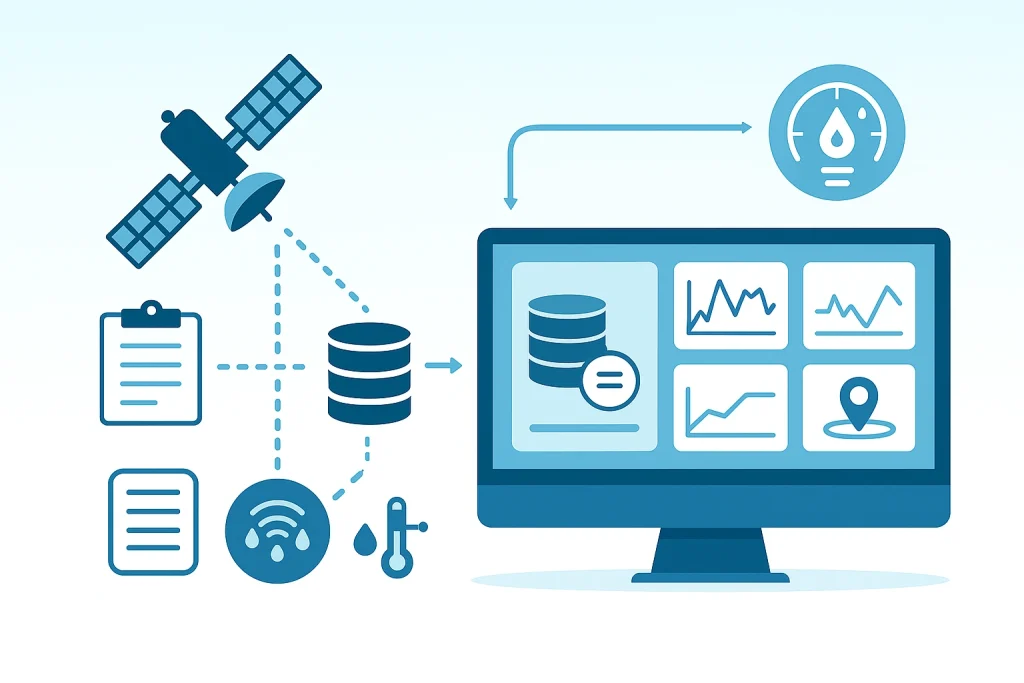 A flat-style digital illustration visualizing computational air quality forecasting models with satellites, weather sensors, and data sources feeding into a central computer displaying pollutant trend charts, neural network nodes, and predictive graphs in a clean blue and white design.