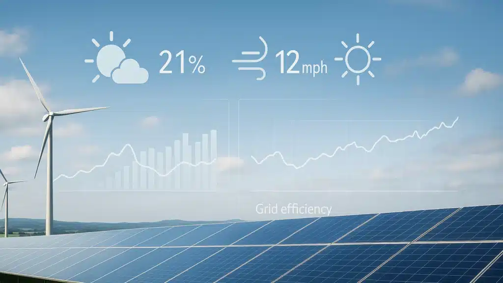 Solar panels and wind turbines with transparent renewable energy forecasting overlays, including sunlight percentage, wind speed, and grid efficiency charts, illustrating solar and wind power prediction for smart grid management.