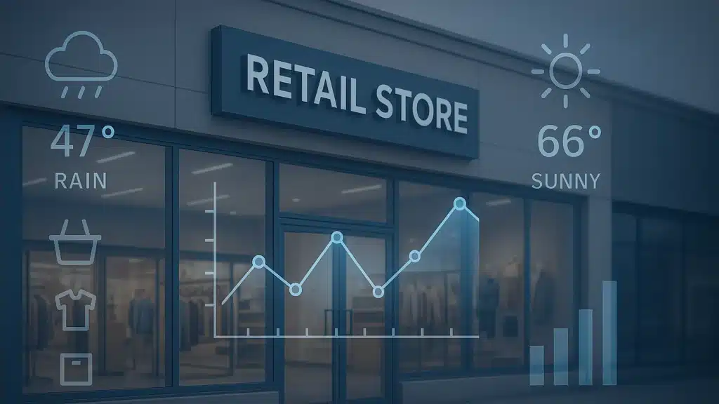 Modern retail store exterior with transparent weather and demand forecasting overlays, including icons for rain, temperature, and sales charts, representing how weather affects retail inventory and staffing decisions.