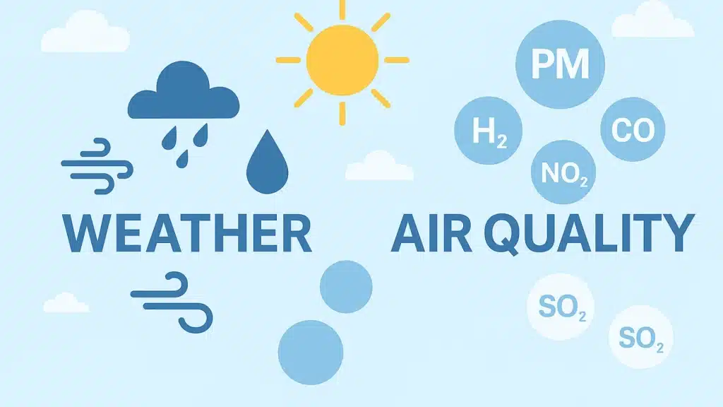 A clean flat-style digital illustration comparing weather and air quality factors, featuring icons for wind, rain, sun, and pollutants like PM, CO, and SO₂ on a light blue background.