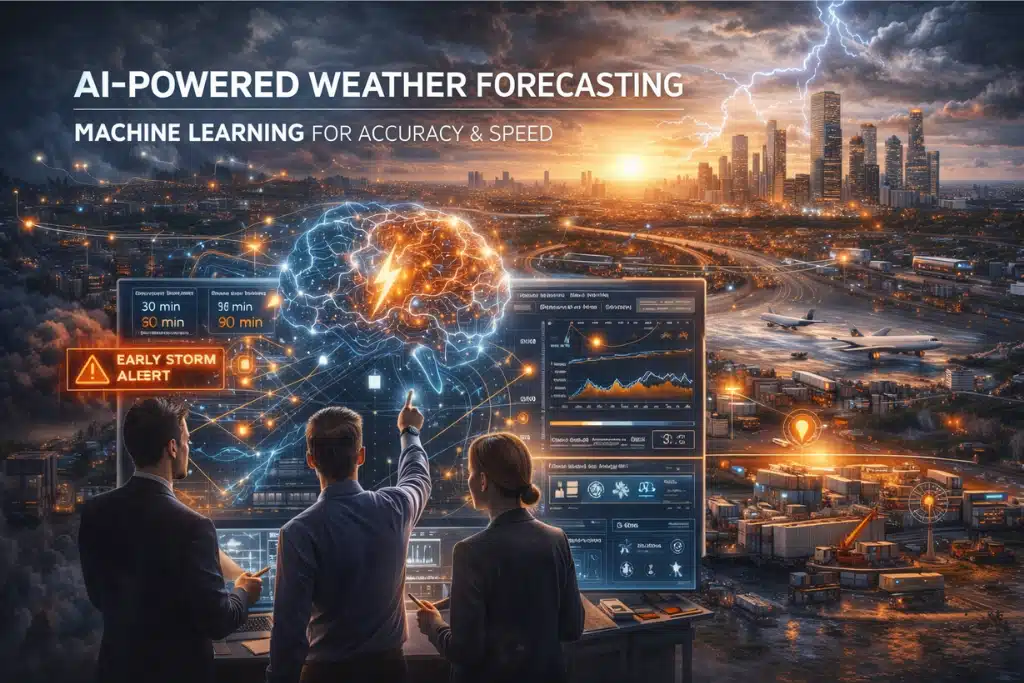AI-powered weather forecasting using machine learning to deliver faster and more accurate predictions, supporting real-time decision-making for energy, aviation, and urban operations.