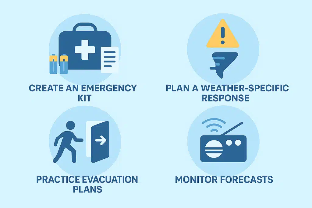 An infographic illustrating core elements of severe weather preparedness, including an emergency kit, evacuation planning, weather-specific response actions, and monitoring forecasts.