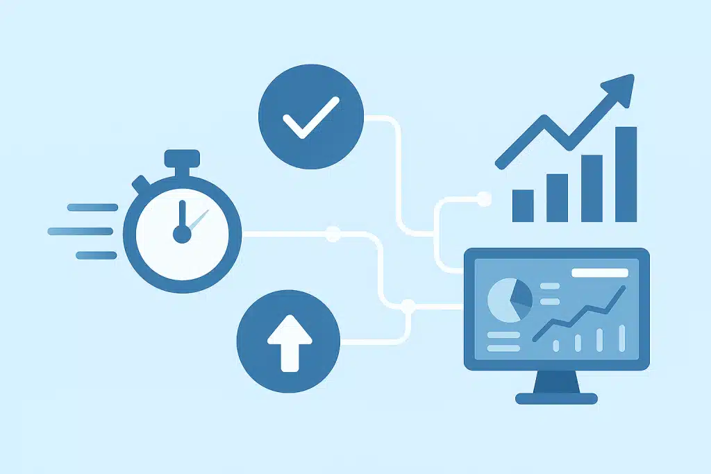 A flat-style digital illustration showing enterprise weather API benefits, icons representing accuracy, uptime reliability, scalability, and data flow connecting to rising graphs and a growing dashboard.