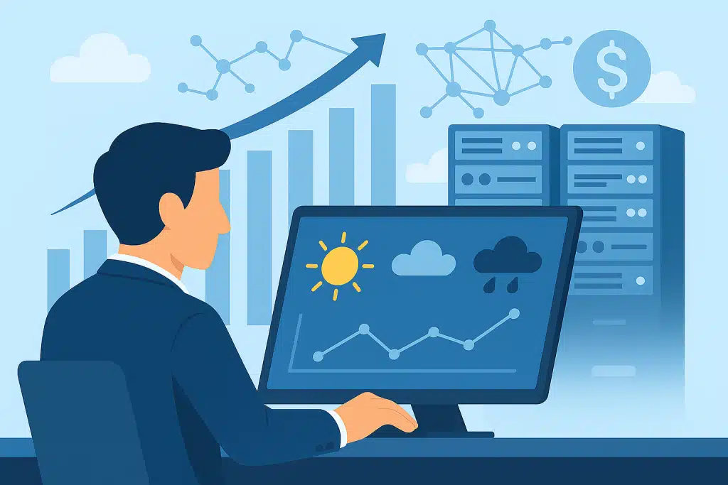 A flat-style illustration showing a business using weather API data — a computer screen displays weather icons and rising analytics charts, servers in the background, and an upward arrow symbolizing operational growth and improved performance.