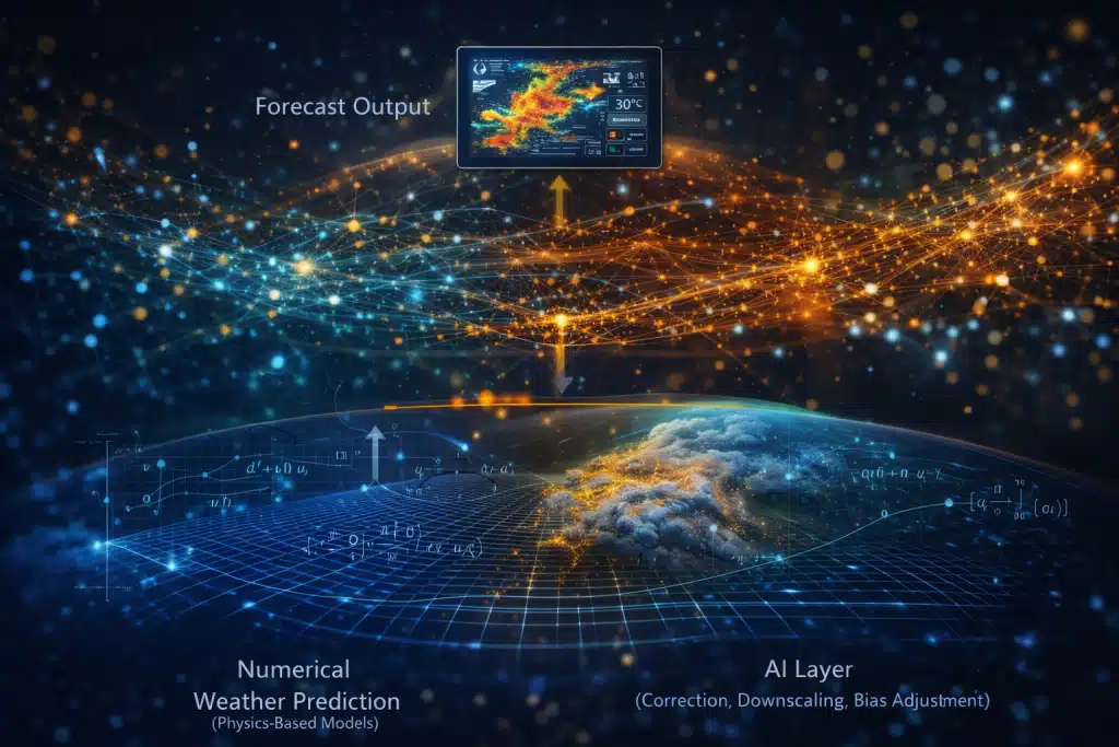 Hybrid weather forecasting system combining AI models with traditional numerical weather prediction