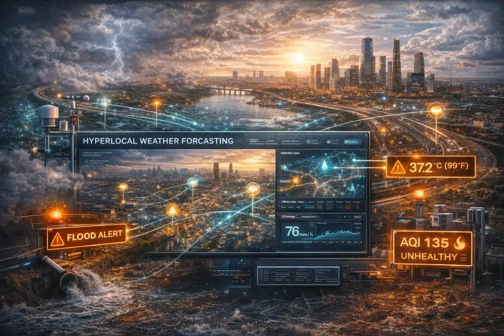 Hyperlocal weather forecasting dashboard visualizing flood alerts, heat warnings, and air quality data across an urban environment for real-time city risk management.