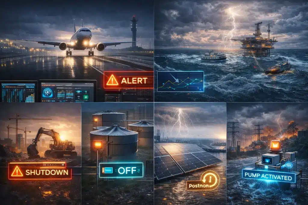 Real-time weather API triggering automated operational decisions across aviation, construction, energy, utilities, and offshore industries